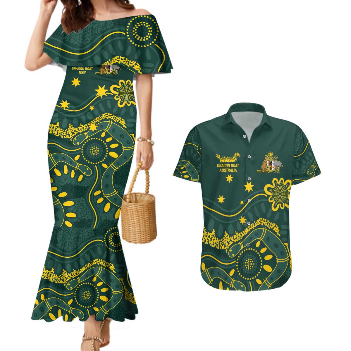 Personalised Australia Dragons Boat Couples Matching Mermaid Dress and Hawaiian Shirt Aussie Aboriginal Dot Style