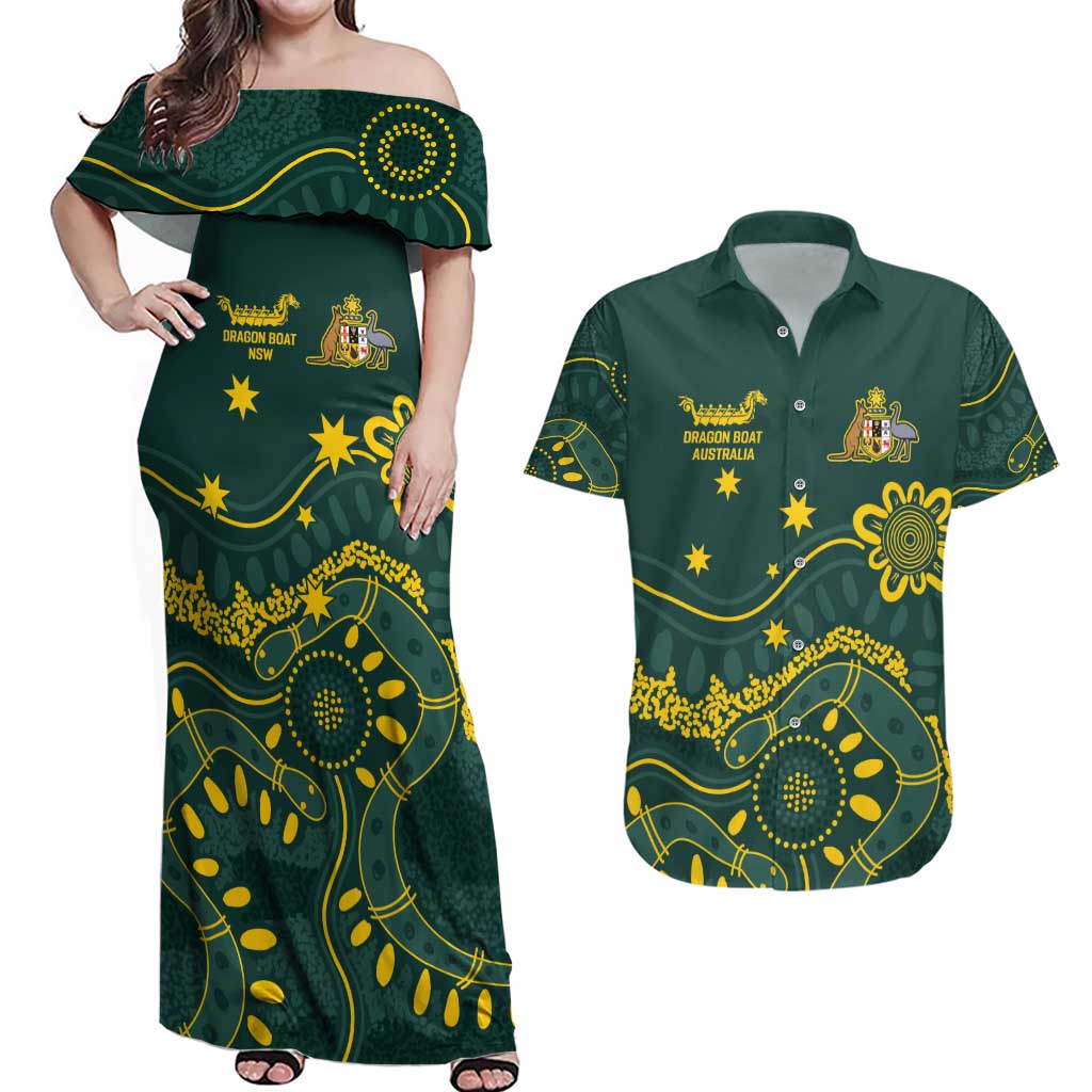 Personalised Australia Dragons Boat Couples Matching Off Shoulder Maxi Dress and Hawaiian Shirt Aussie Aboriginal Dot Style