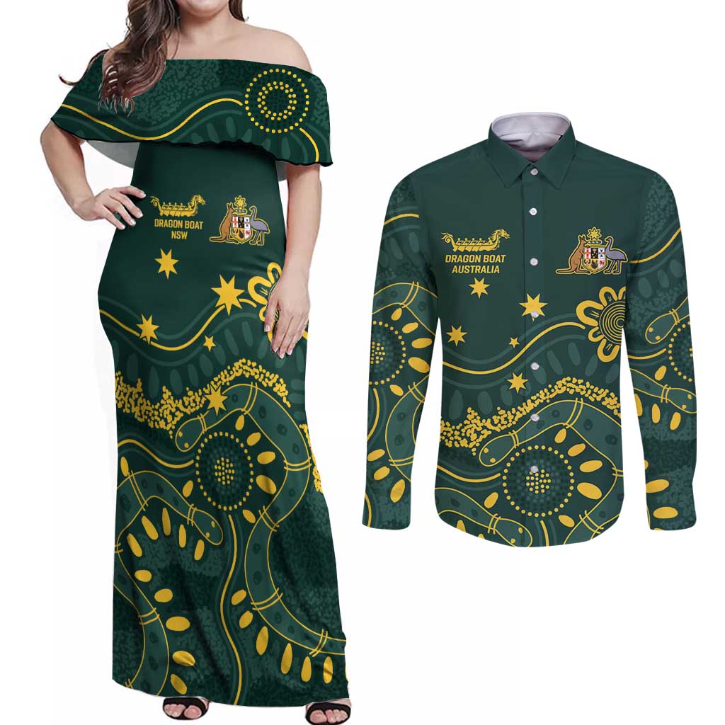 Personalised Australia Dragons Boat Couples Matching Off Shoulder Maxi Dress and Long Sleeve Button Shirt Aussie Aboriginal Dot Style