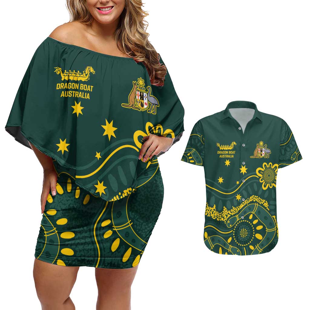 Personalised Australia Dragons Boat Couples Matching Off Shoulder Short Dress and Hawaiian Shirt Aussie Aboriginal Dot Style