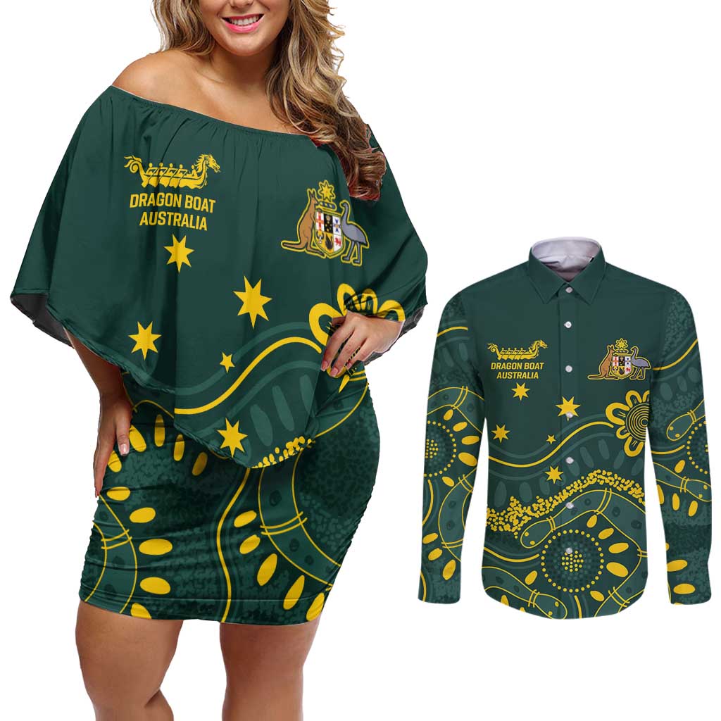 Personalised Australia Dragons Boat Couples Matching Off Shoulder Short Dress and Long Sleeve Button Shirt Aussie Aboriginal Dot Style