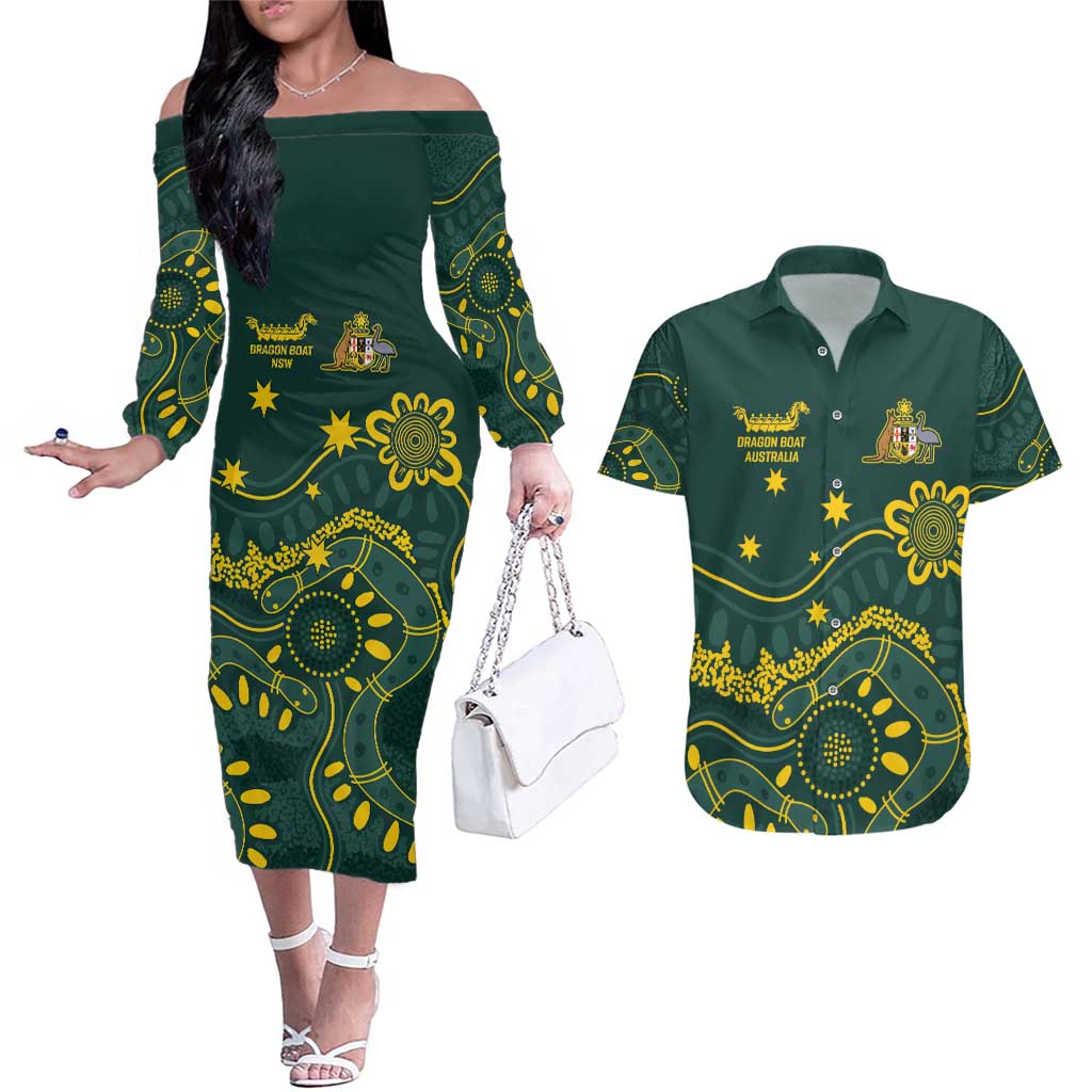 Personalised Australia Dragons Boat Couples Matching Off The Shoulder Long Sleeve Dress and Hawaiian Shirt Aussie Aboriginal Dot Style