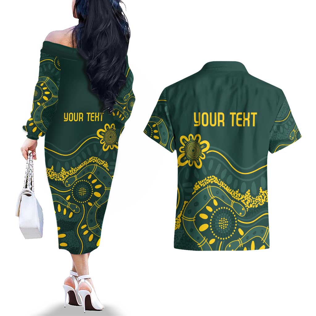 Personalised Australia Dragons Boat Couples Matching Off The Shoulder Long Sleeve Dress and Hawaiian Shirt Aussie Aboriginal Dot Style