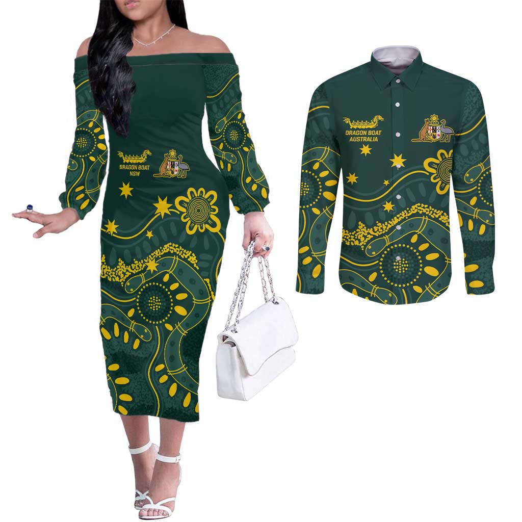 Personalised Australia Dragons Boat Couples Matching Off The Shoulder Long Sleeve Dress and Long Sleeve Button Shirt Aussie Aboriginal Dot Style