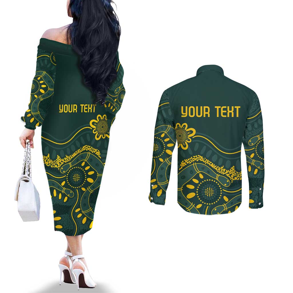 Personalised Australia Dragons Boat Couples Matching Off The Shoulder Long Sleeve Dress and Long Sleeve Button Shirt Aussie Aboriginal Dot Style