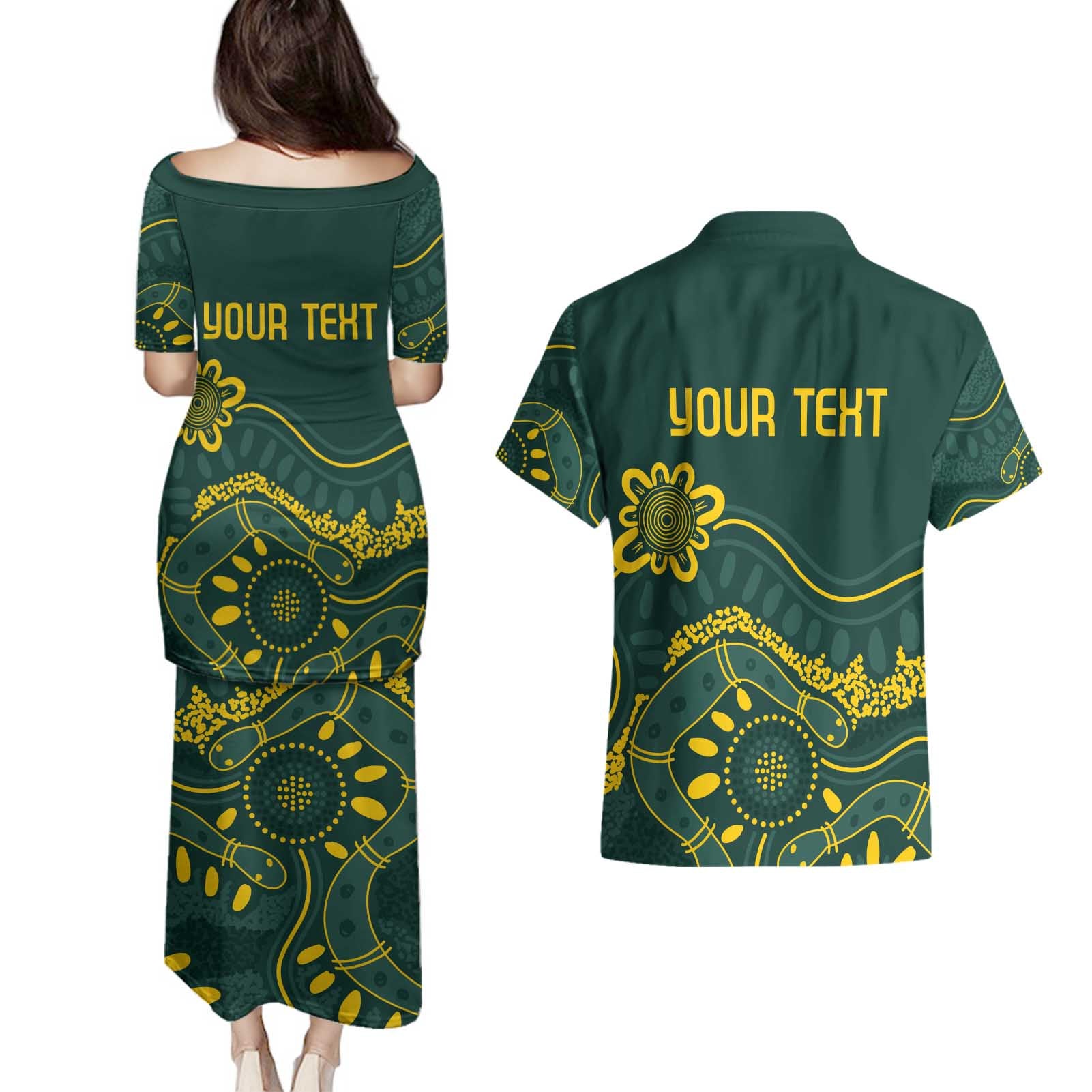 Personalised Australia Dragons Boat Couples Matching Puletasi and Hawaiian Shirt Aussie Aboriginal Dot Style