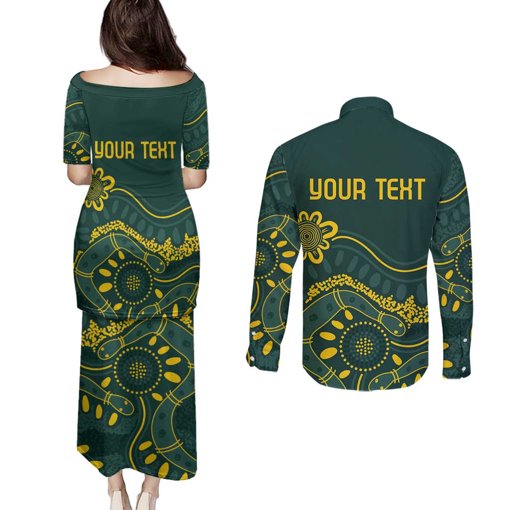 Personalised Australia Dragons Boat Couples Matching Puletasi and Long Sleeve Button Shirt Aussie Aboriginal Dot Style