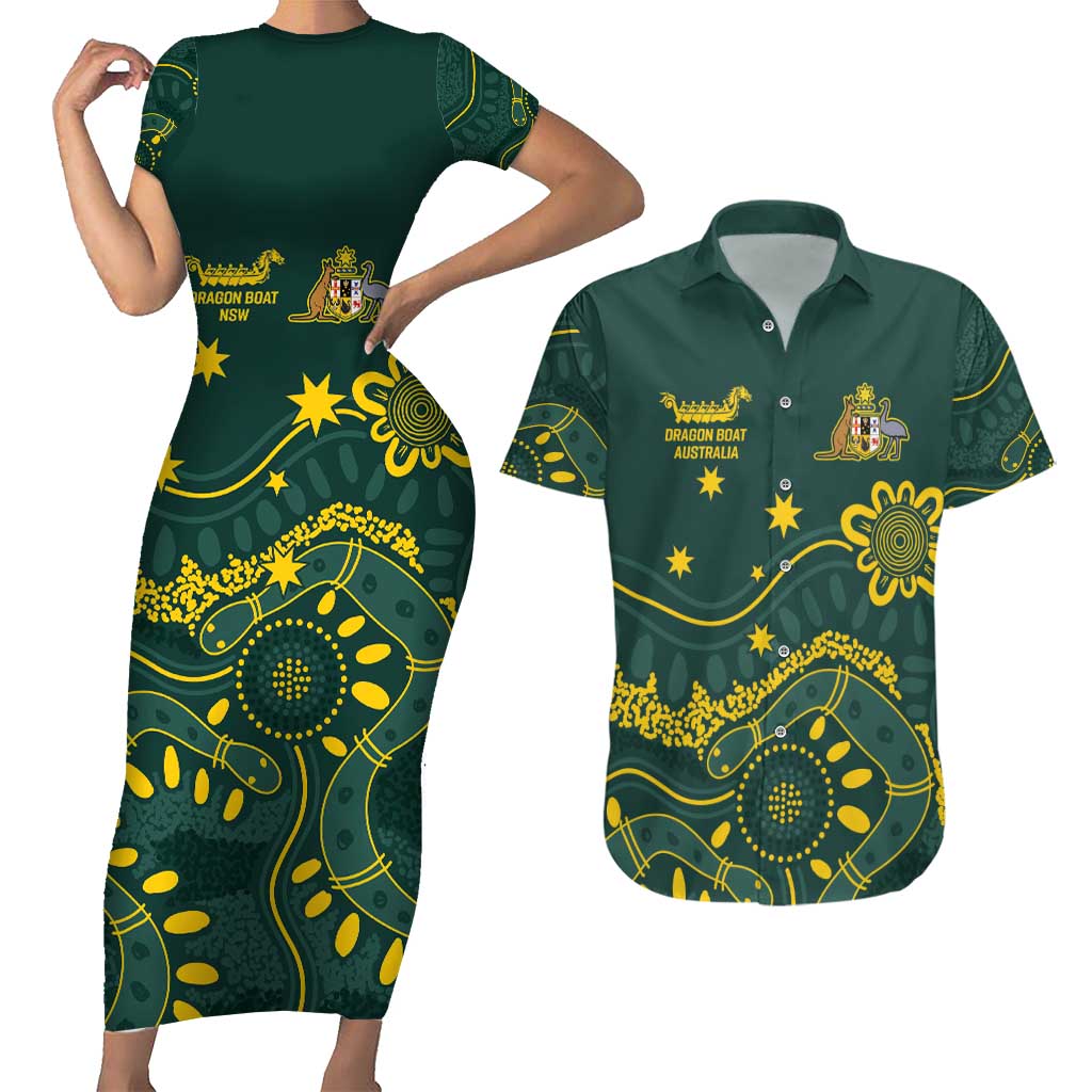 Personalised Australia Dragons Boat Couples Matching Short Sleeve Bodycon Dress and Hawaiian Shirt Aussie Aboriginal Dot Style