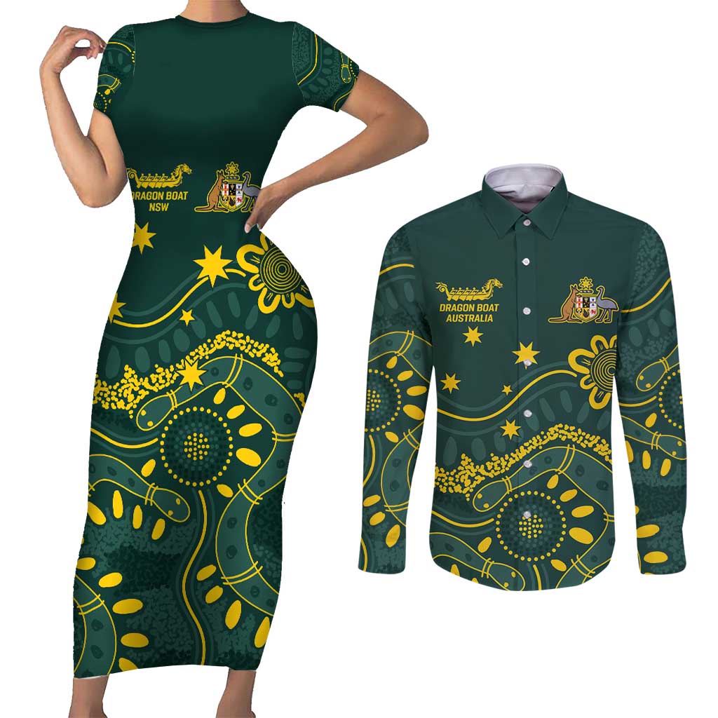 Personalised Australia Dragons Boat Couples Matching Short Sleeve Bodycon Dress and Long Sleeve Button Shirt Aussie Aboriginal Dot Style