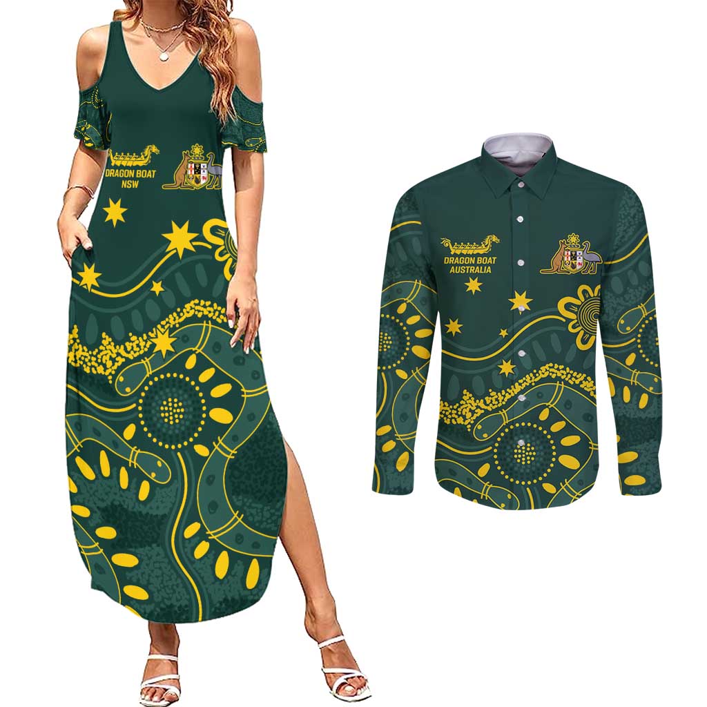 Personalised Australia Dragons Boat Couples Matching Summer Maxi Dress and Long Sleeve Button Shirt Aussie Aboriginal Dot Style