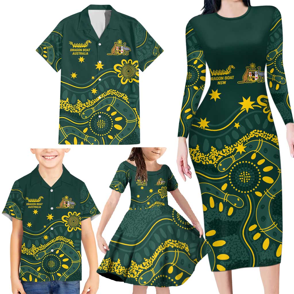 Personalised Australia Dragons Boat Family Matching Long Sleeve Bodycon Dress and Hawaiian Shirt Aussie Aboriginal Dot Style