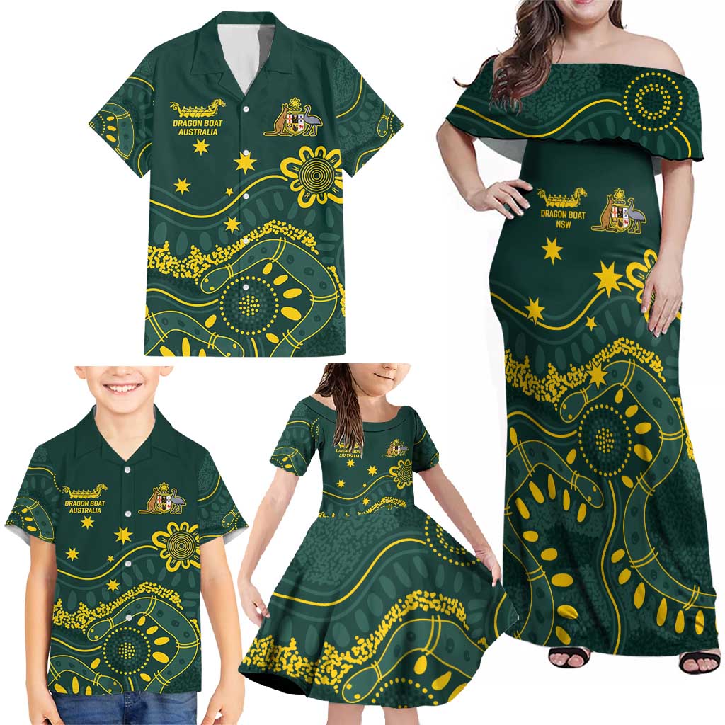 Personalised Australia Dragons Boat Family Matching Off Shoulder Maxi Dress and Hawaiian Shirt Aussie Aboriginal Dot Style