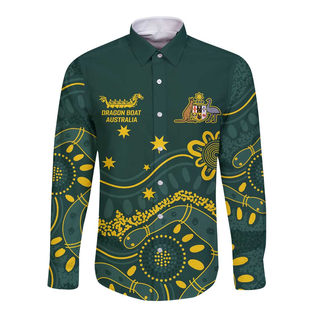 Personalised Australia Dragons Boat Long Sleeve Button Shirt Aussie Aboriginal Dot Style