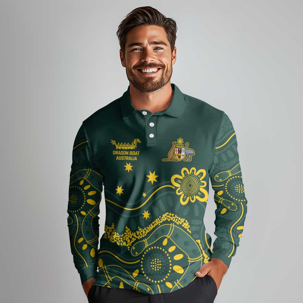 Personalised Australia Dragons Boat Long Sleeve Polo Shirt Aussie Aboriginal Dot Style