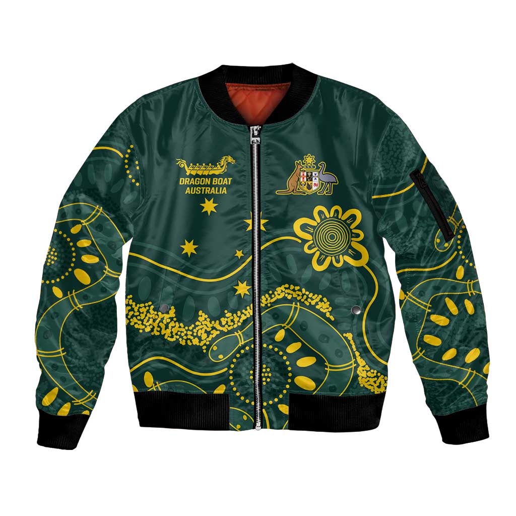 Personalised Australia Dragons Boat Sleeve Zip Bomber Jacket Aussie Aboriginal Dot Style