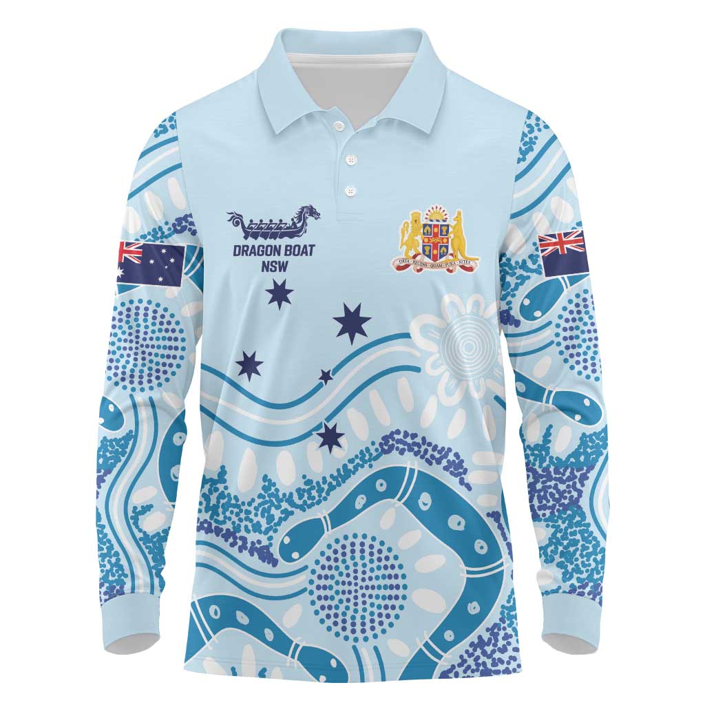 Personalised Australia New South Wales Dragons Boat Long Sleeve Polo Shirt Aussie Aboriginal Dot Style