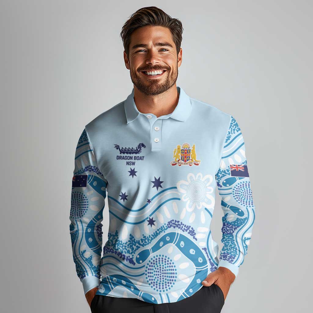 Personalised Australia New South Wales Dragons Boat Long Sleeve Polo Shirt Aussie Aboriginal Dot Style