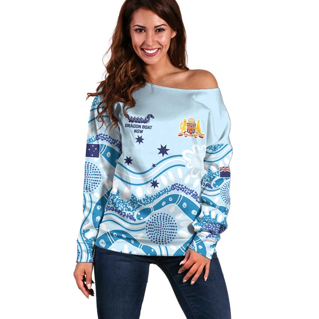 Personalised Australia New South Wales Dragons Boat Off Shoulder Sweater Aussie Aboriginal Dot Style