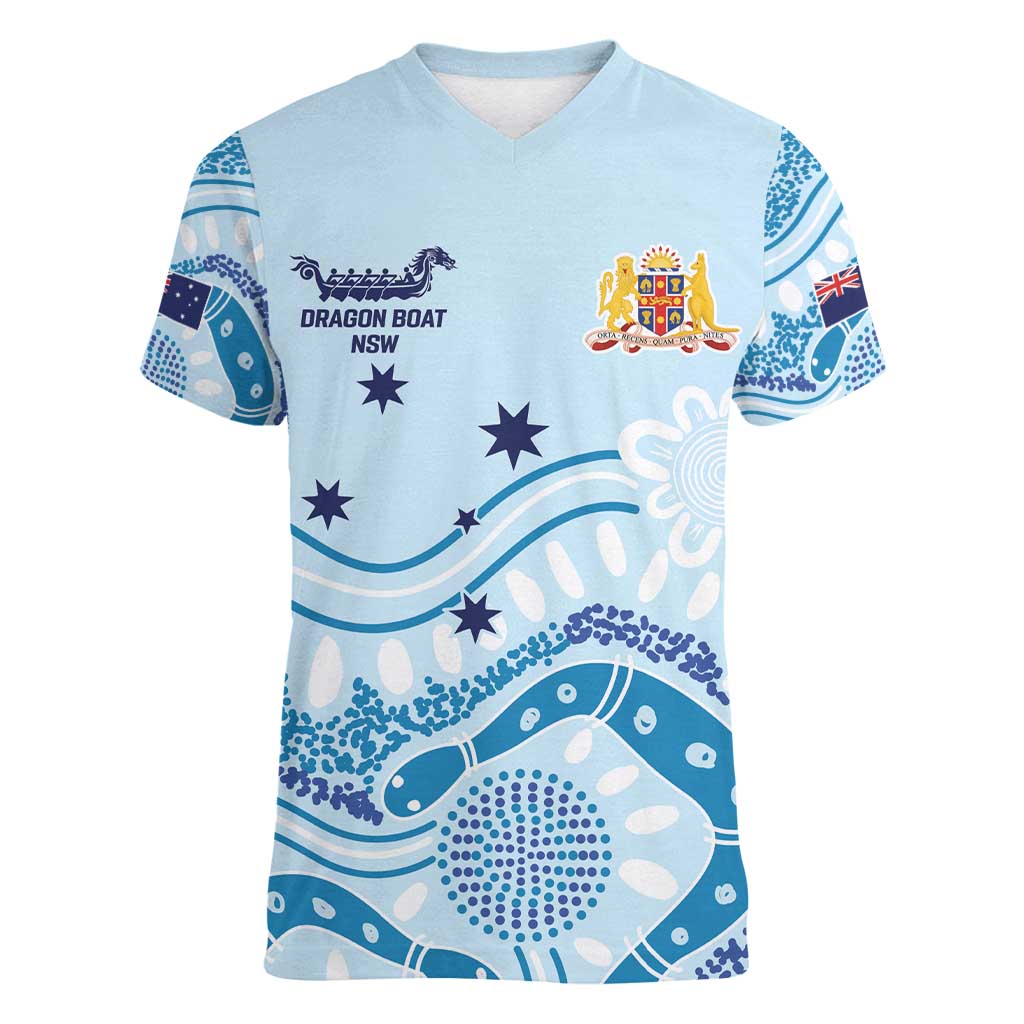 Personalised Australia New South Wales Dragons Boat Women V-Neck T-Shirt Aussie Aboriginal Dot Style