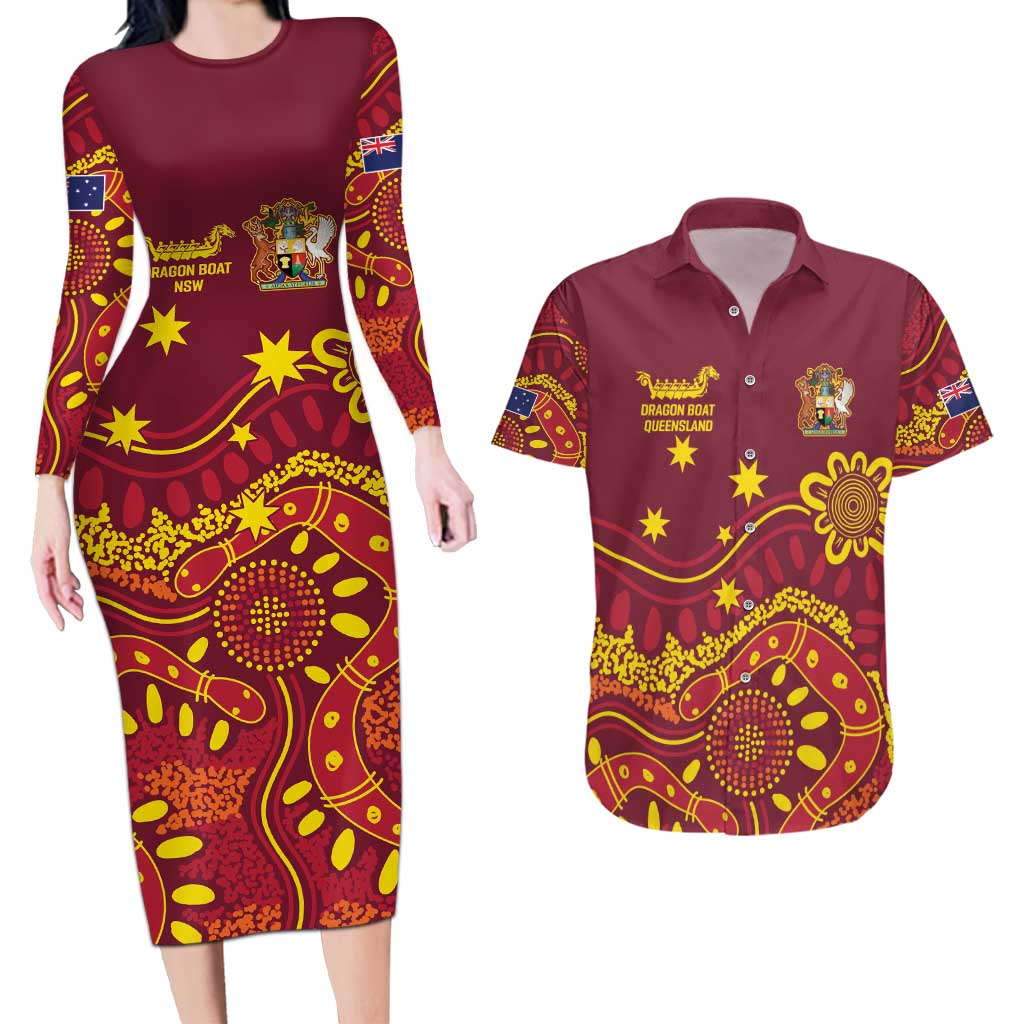 Personalised Australia Queensland Dragons Boat Couples Matching Long Sleeve Bodycon Dress and Hawaiian Shirt Aussie Aboriginal Dot Style