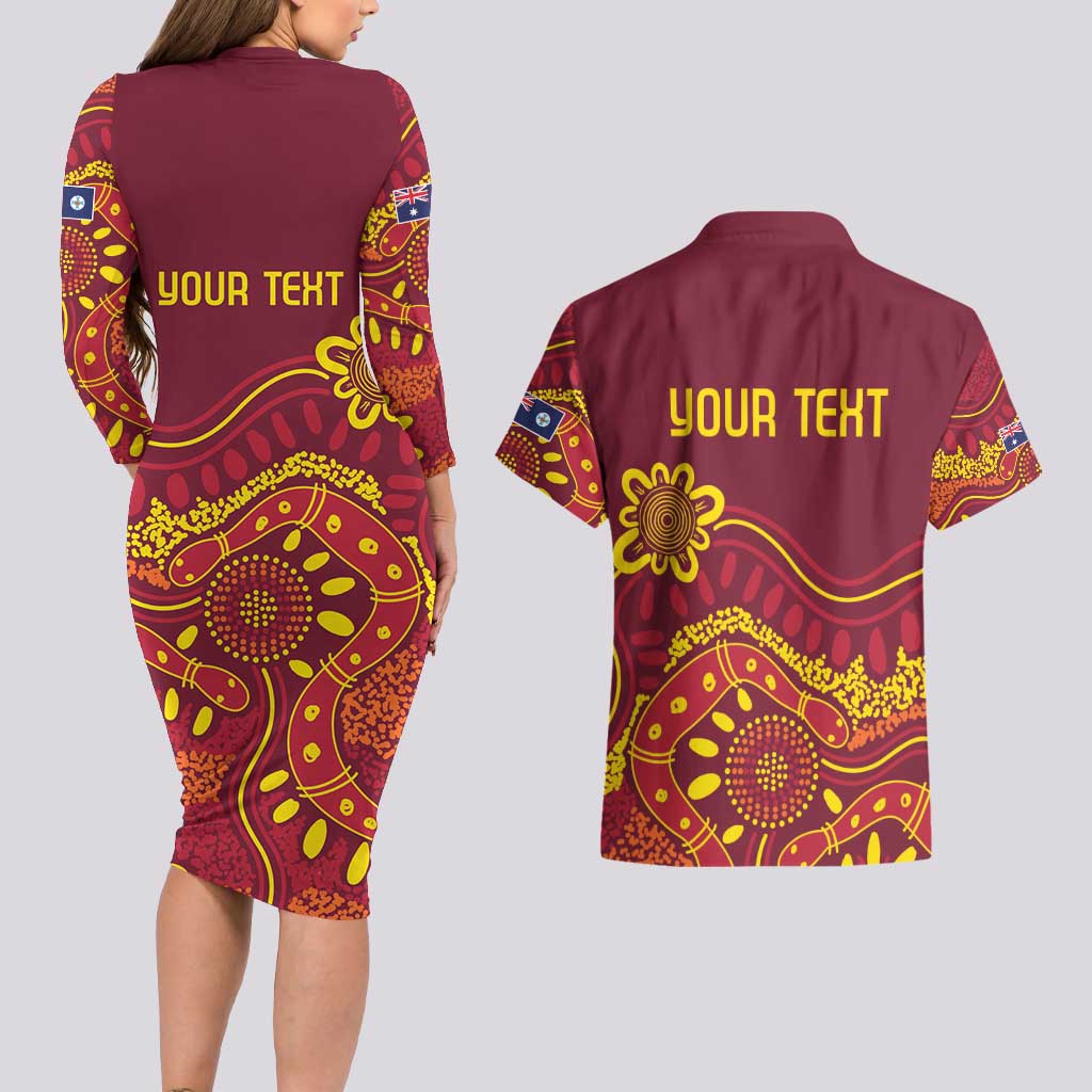 Personalised Australia Queensland Dragons Boat Couples Matching Long Sleeve Bodycon Dress and Hawaiian Shirt Aussie Aboriginal Dot Style