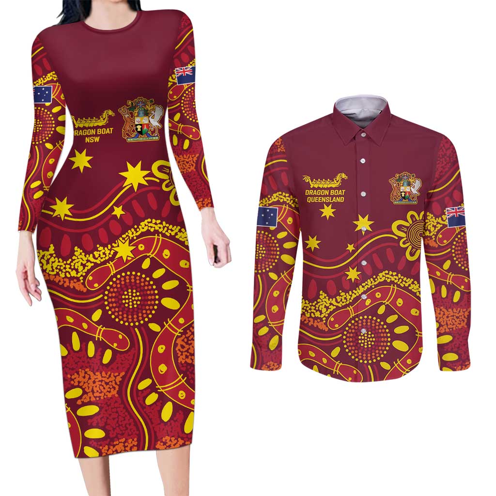 Personalised Australia Queensland Dragons Boat Couples Matching Long Sleeve Bodycon Dress and Long Sleeve Button Shirt Aussie Aboriginal Dot Style