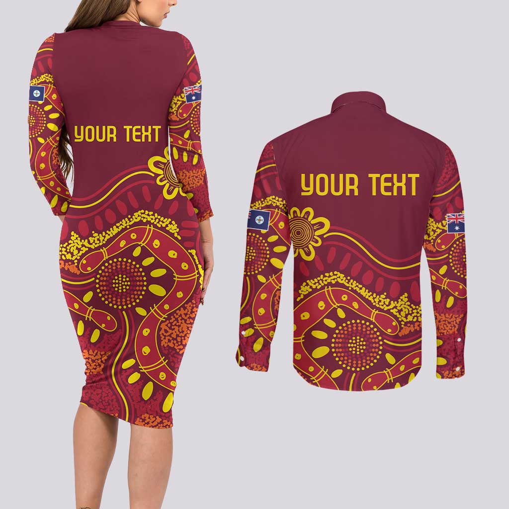 Personalised Australia Queensland Dragons Boat Couples Matching Long Sleeve Bodycon Dress and Long Sleeve Button Shirt Aussie Aboriginal Dot Style