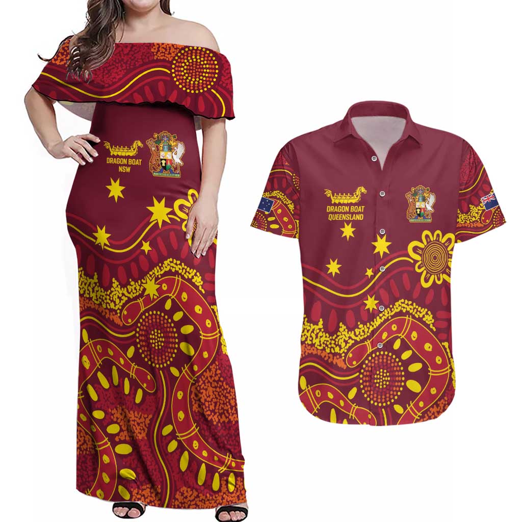 Personalised Australia Queensland Dragons Boat Couples Matching Off Shoulder Maxi Dress and Hawaiian Shirt Aussie Aboriginal Dot Style