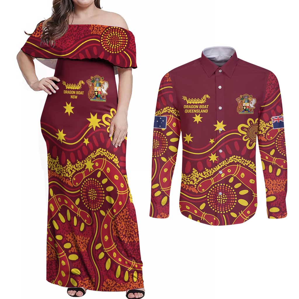 Personalised Australia Queensland Dragons Boat Couples Matching Off Shoulder Maxi Dress and Long Sleeve Button Shirt Aussie Aboriginal Dot Style