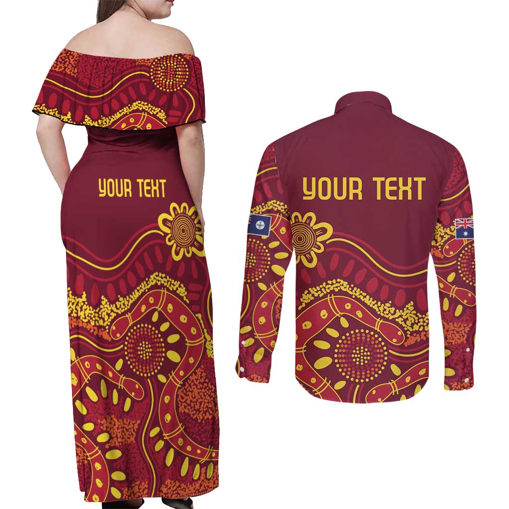 Personalised Australia Queensland Dragons Boat Couples Matching Off Shoulder Maxi Dress and Long Sleeve Button Shirt Aussie Aboriginal Dot Style