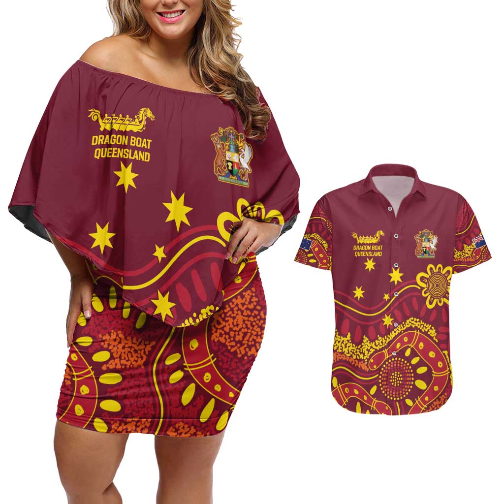 Personalised Australia Queensland Dragons Boat Couples Matching Off Shoulder Short Dress and Hawaiian Shirt Aussie Aboriginal Dot Style