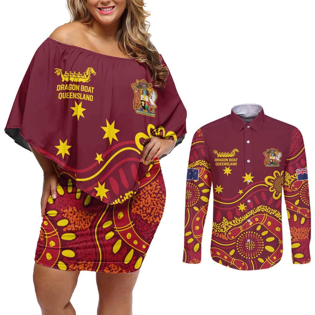 Personalised Australia Queensland Dragons Boat Couples Matching Off Shoulder Short Dress and Long Sleeve Button Shirt Aussie Aboriginal Dot Style