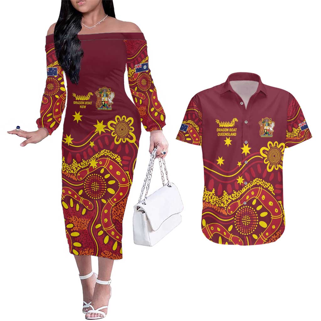 Personalised Australia Queensland Dragons Boat Couples Matching Off The Shoulder Long Sleeve Dress and Hawaiian Shirt Aussie Aboriginal Dot Style