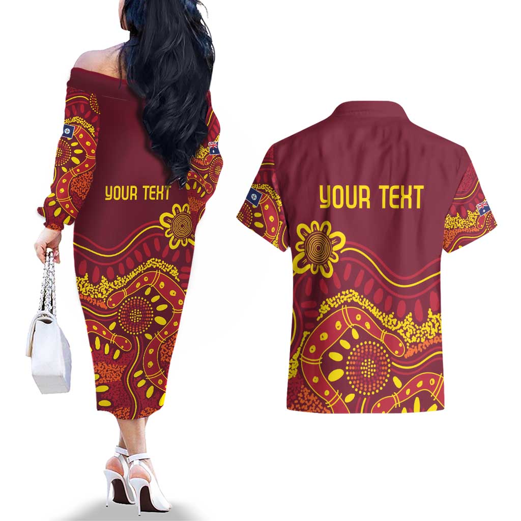 Personalised Australia Queensland Dragons Boat Couples Matching Off The Shoulder Long Sleeve Dress and Hawaiian Shirt Aussie Aboriginal Dot Style