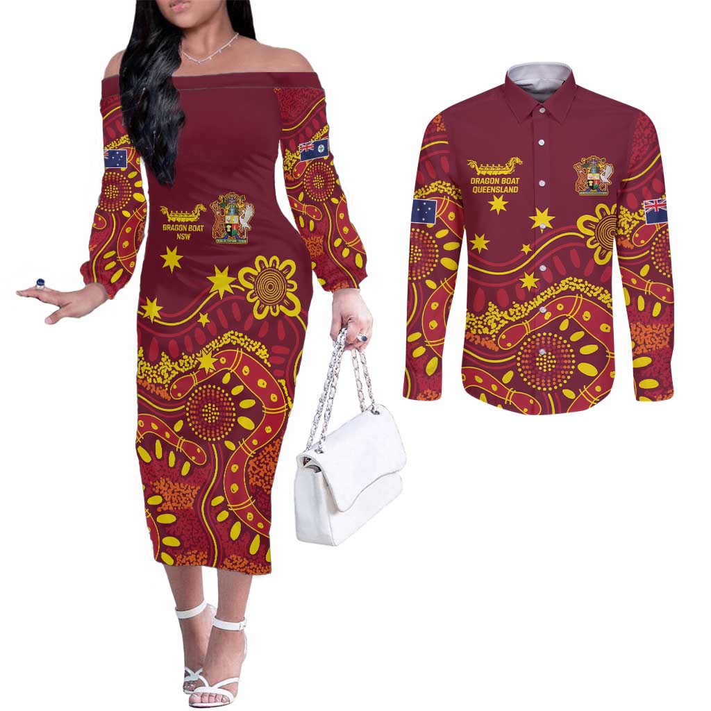 Personalised Australia Queensland Dragons Boat Couples Matching Off The Shoulder Long Sleeve Dress and Long Sleeve Button Shirt Aussie Aboriginal Dot Style