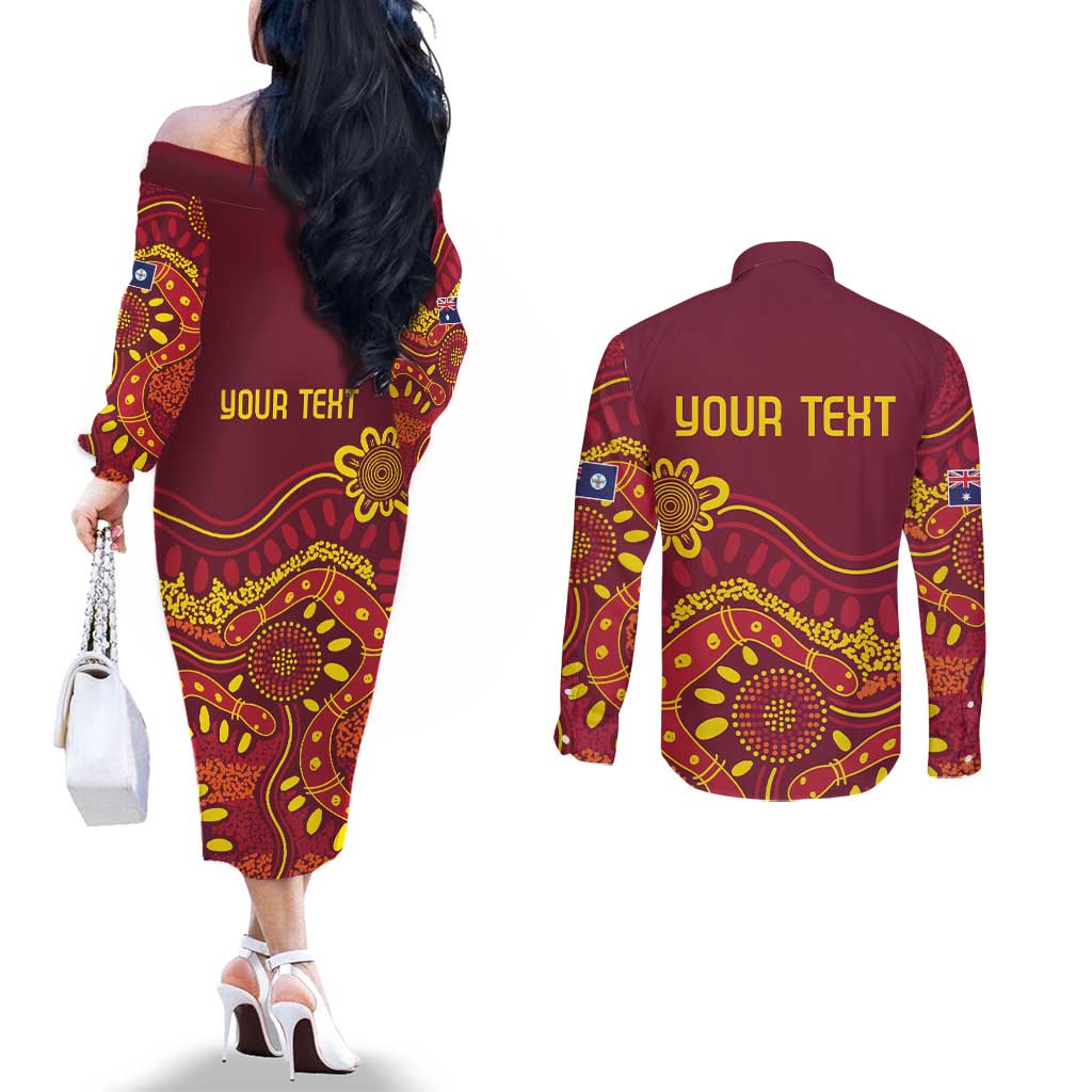 Personalised Australia Queensland Dragons Boat Couples Matching Off The Shoulder Long Sleeve Dress and Long Sleeve Button Shirt Aussie Aboriginal Dot Style