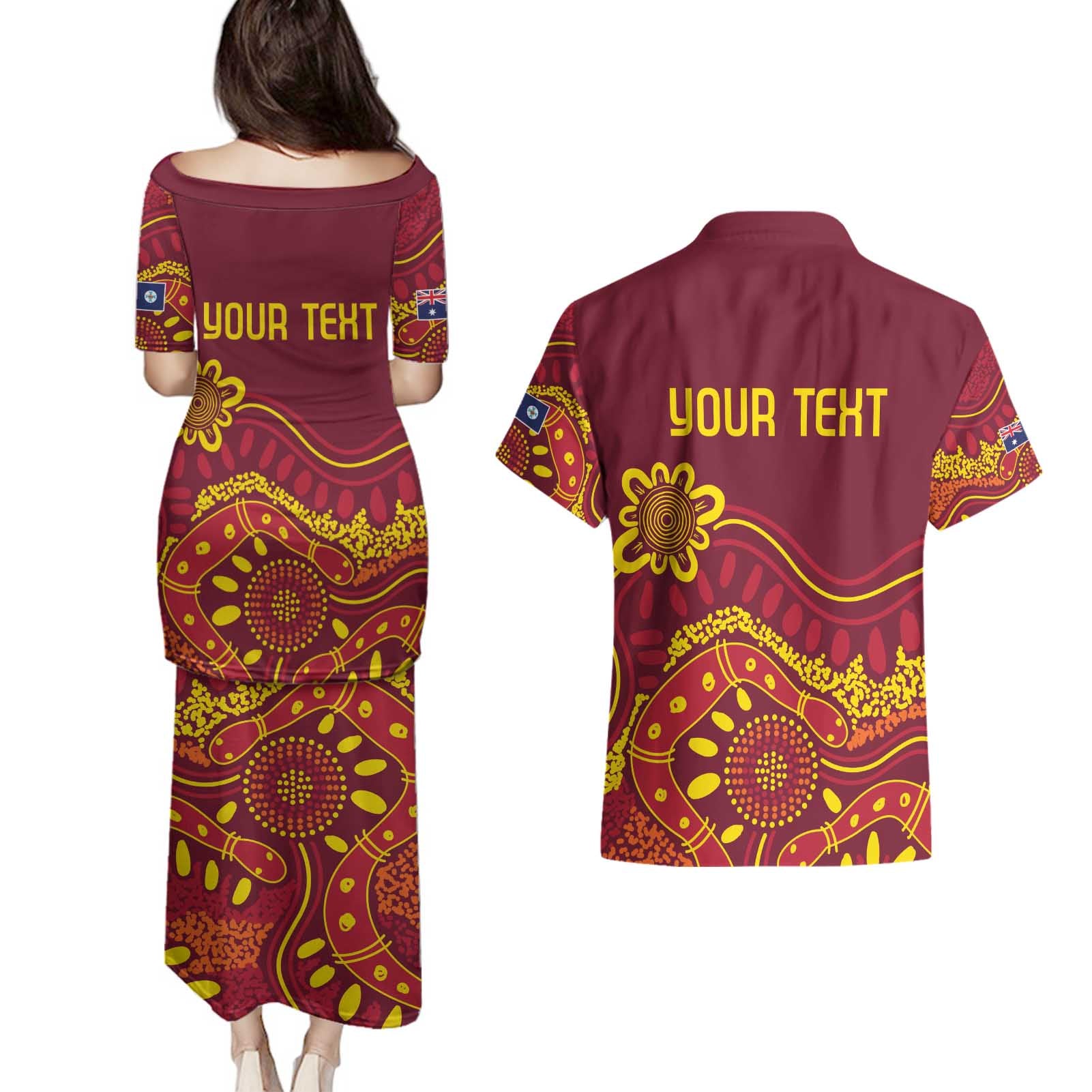 Personalised Australia Queensland Dragons Boat Couples Matching Puletasi and Hawaiian Shirt Aussie Aboriginal Dot Style