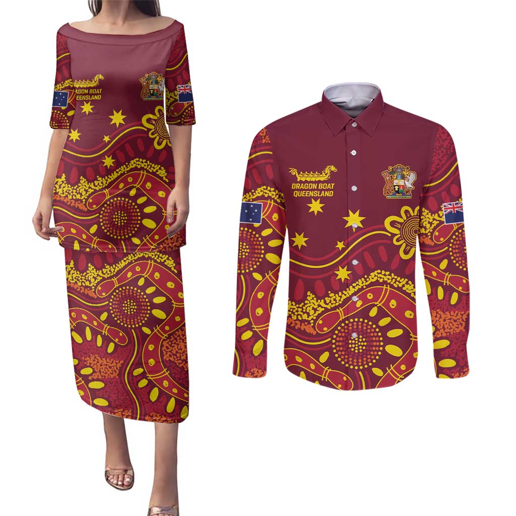 Personalised Australia Queensland Dragons Boat Couples Matching Puletasi and Long Sleeve Button Shirt Aussie Aboriginal Dot Style