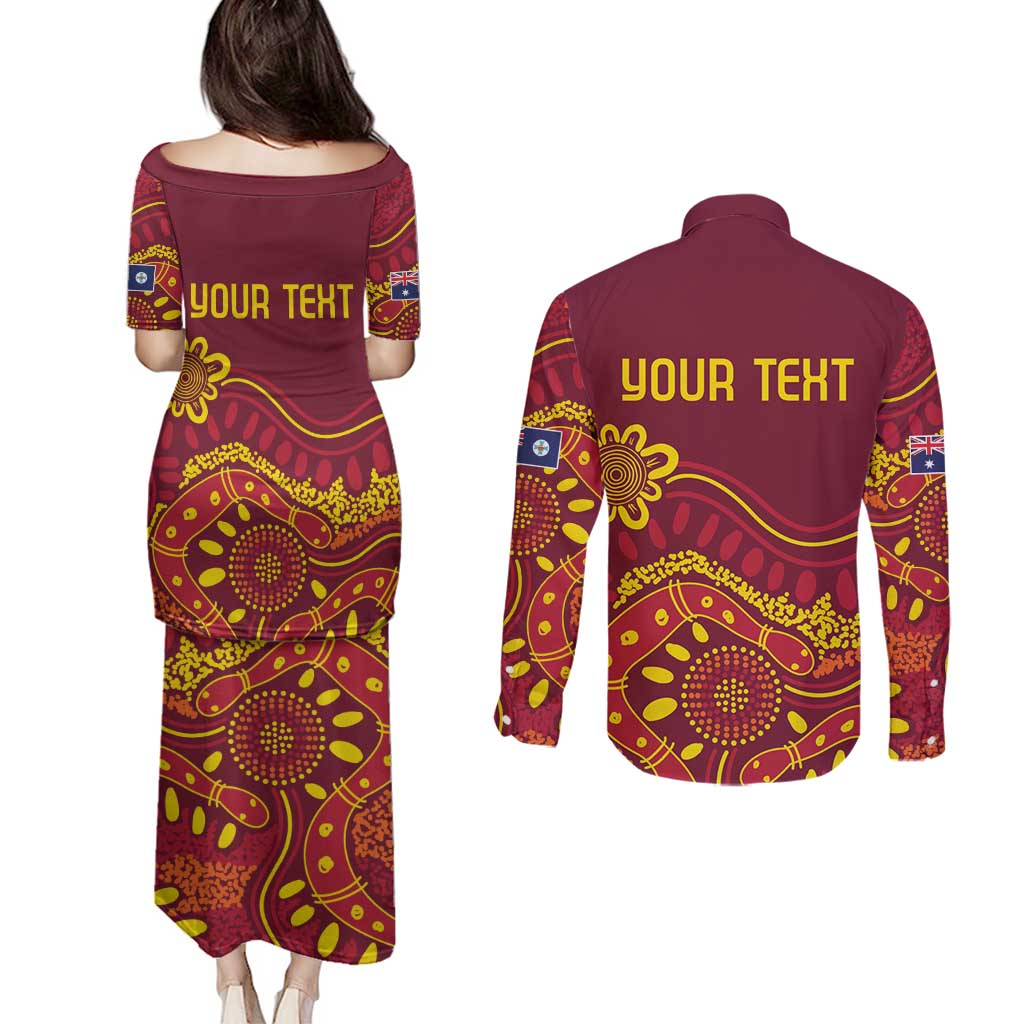 Personalised Australia Queensland Dragons Boat Couples Matching Puletasi and Long Sleeve Button Shirt Aussie Aboriginal Dot Style