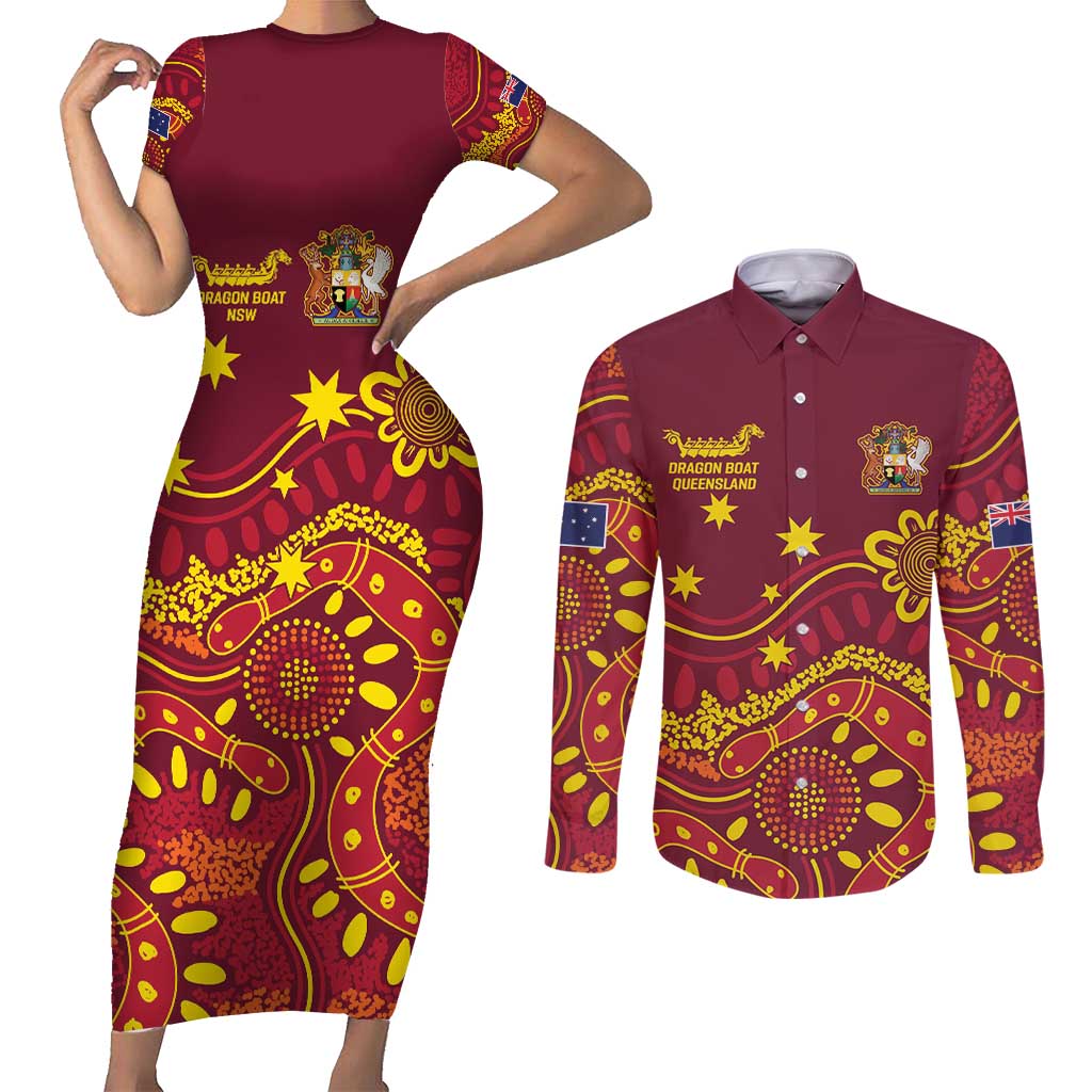 Personalised Australia Queensland Dragons Boat Couples Matching Short Sleeve Bodycon Dress and Long Sleeve Button Shirt Aussie Aboriginal Dot Style