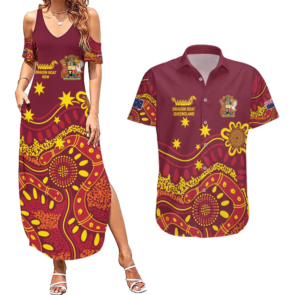 Personalised Australia Queensland Dragons Boat Couples Matching Summer Maxi Dress and Hawaiian Shirt Aussie Aboriginal Dot Style