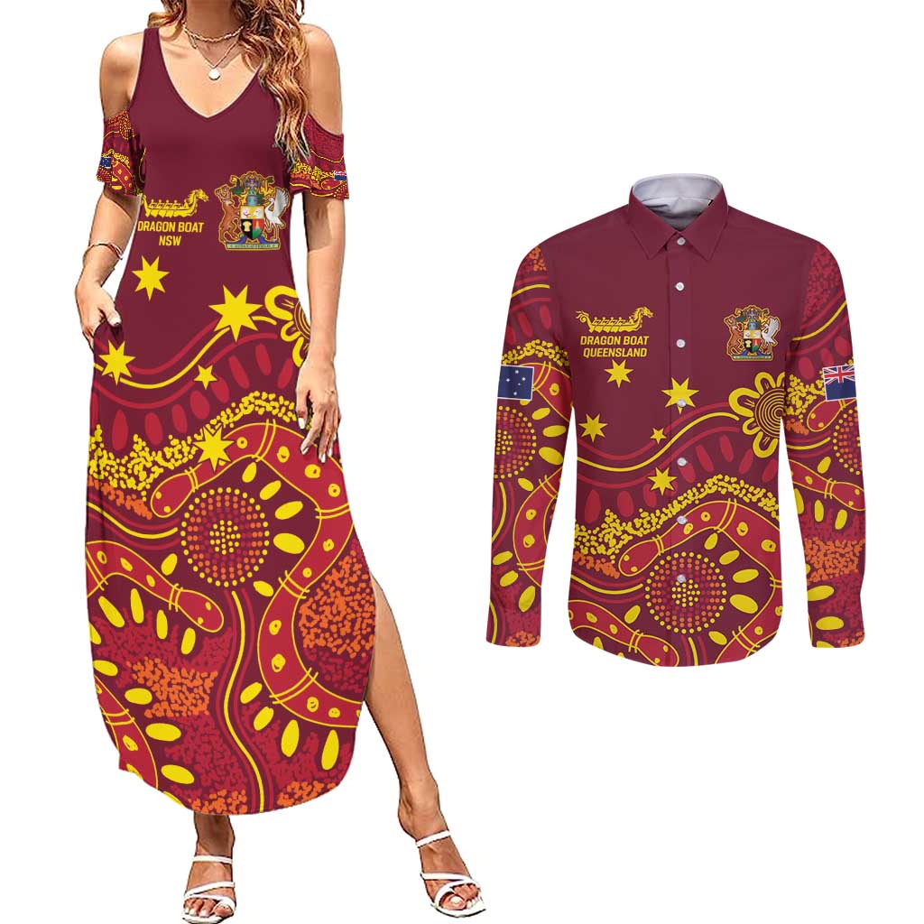 Personalised Australia Queensland Dragons Boat Couples Matching Summer Maxi Dress and Long Sleeve Button Shirt Aussie Aboriginal Dot Style