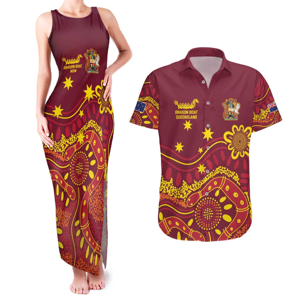 Personalised Australia Queensland Dragons Boat Couples Matching Tank Maxi Dress and Hawaiian Shirt Aussie Aboriginal Dot Style