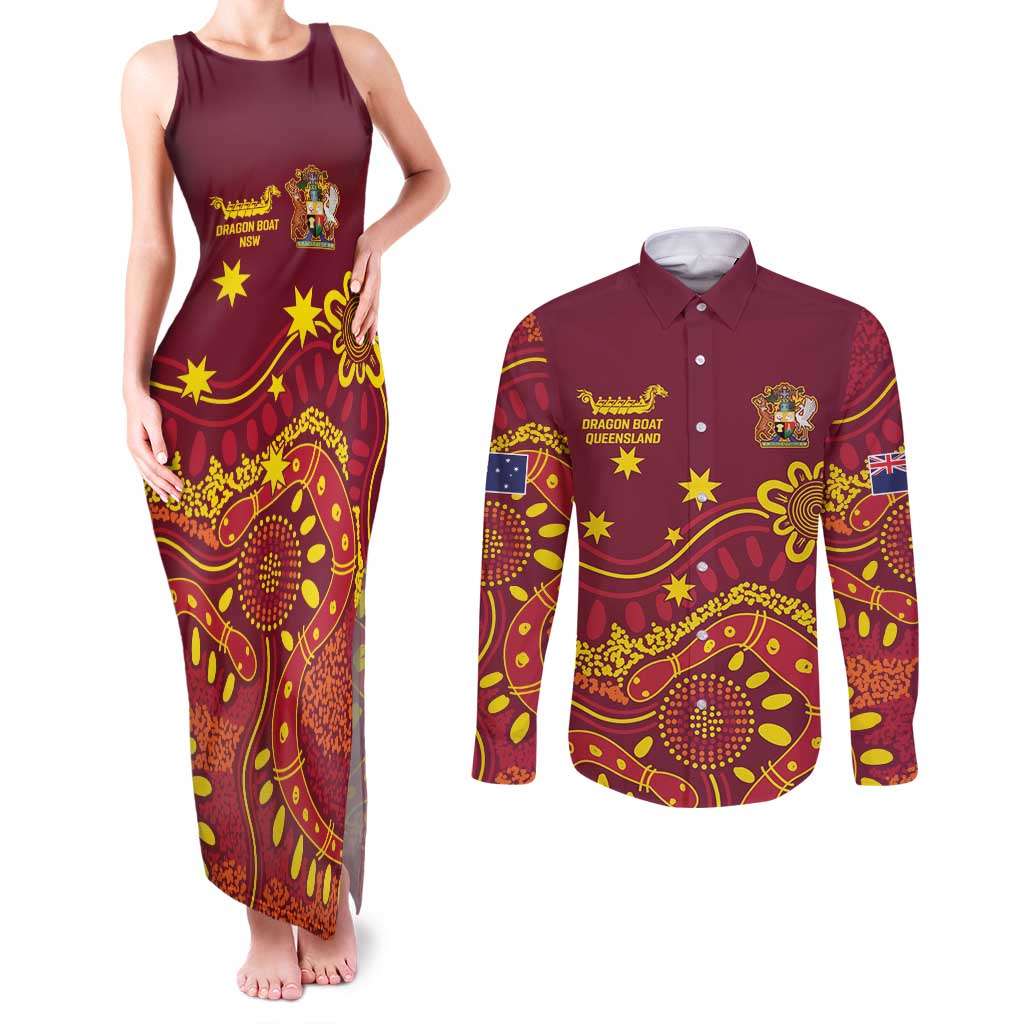 Personalised Australia Queensland Dragons Boat Couples Matching Tank Maxi Dress and Long Sleeve Button Shirt Aussie Aboriginal Dot Style