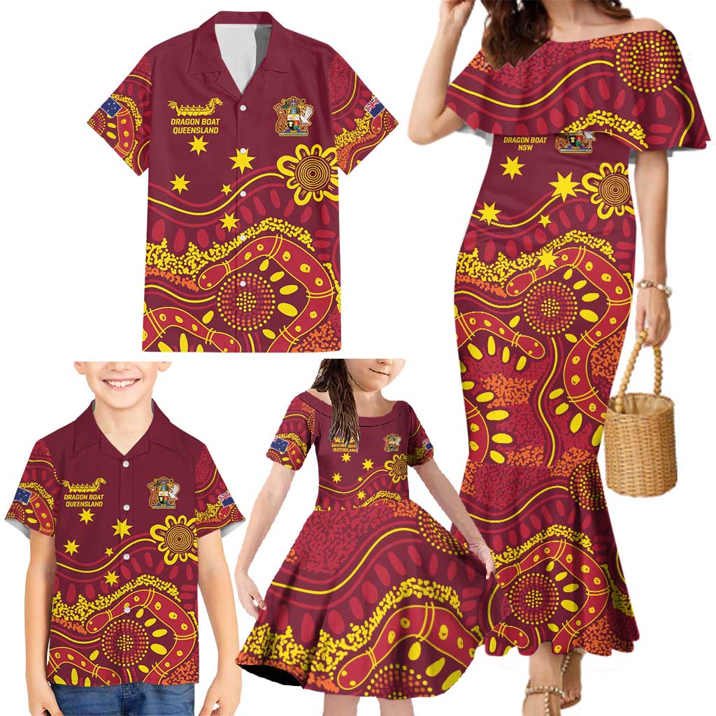 Personalised Australia Queensland Dragons Boat Family Matching Mermaid Dress and Hawaiian Shirt Aussie Aboriginal Dot Style