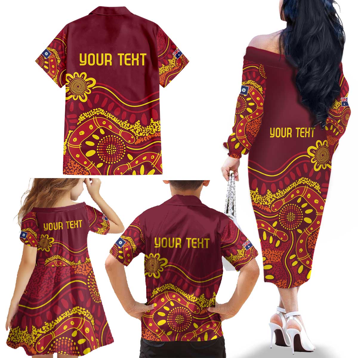 Personalised Australia Queensland Dragons Boat Family Matching Off The Shoulder Long Sleeve Dress and Hawaiian Shirt Aussie Aboriginal Dot Style