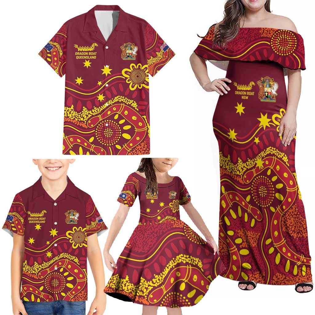 Personalised Australia Queensland Dragons Boat Family Matching Off Shoulder Maxi Dress and Hawaiian Shirt Aussie Aboriginal Dot Style