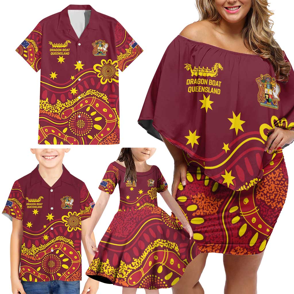 Personalised Australia Queensland Dragons Boat Family Matching Off Shoulder Short Dress and Hawaiian Shirt Aussie Aboriginal Dot Style