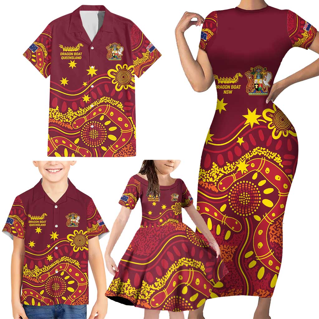 Personalised Australia Queensland Dragons Boat Family Matching Short Sleeve Bodycon Dress and Hawaiian Shirt Aussie Aboriginal Dot Style