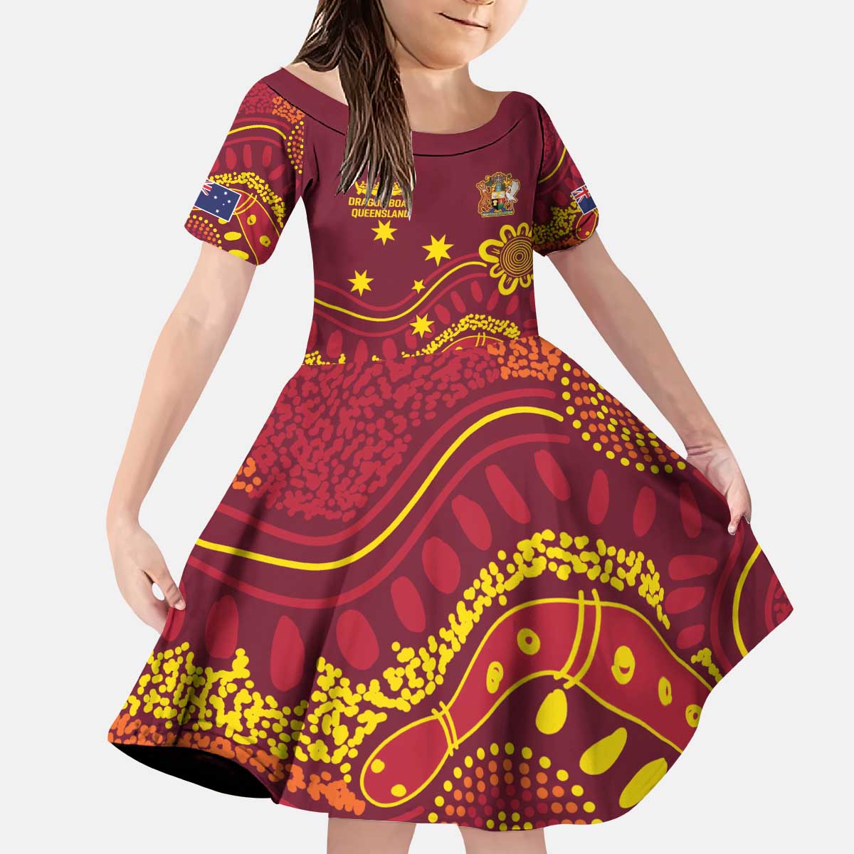 Personalised Australia Queensland Dragons Boat Kid Short Sleeve Dress Aussie Aboriginal Dot Style